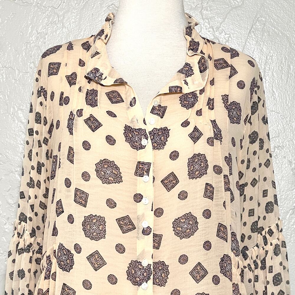 Free People Turn Turn Tea Combo Mini Dress Semi Sheer Balloon Sleeve SZ M - Picture 5 of 11
